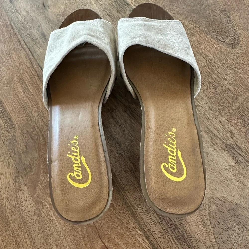 Candie's Womens Wooden Chunky Heel Slide Open Toe Platform Slip On Tan Size 6.5